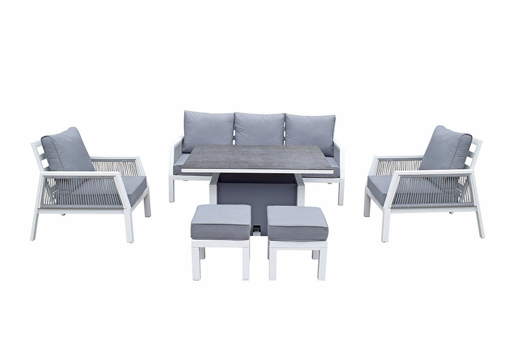 Aluminium 7 Seat Sofa With Armchairs Stools and Gas Lift Table in Grey Powder Coat - Bettina Range