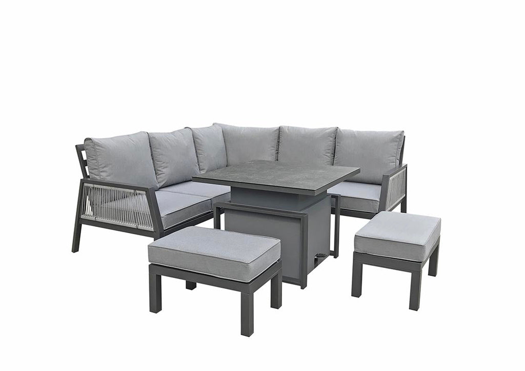 Aluminium 7 Seat Corner Sofa With Stools and Gas Lift Table in Grey Powder Coat - Bettina Range