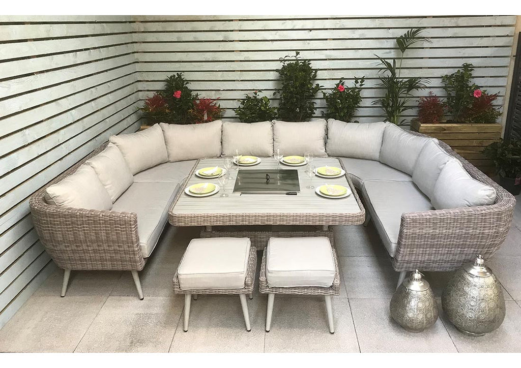 Rattan Dining & Sofa Set with Fire/Drinks Pit - Grey - Danielle Range