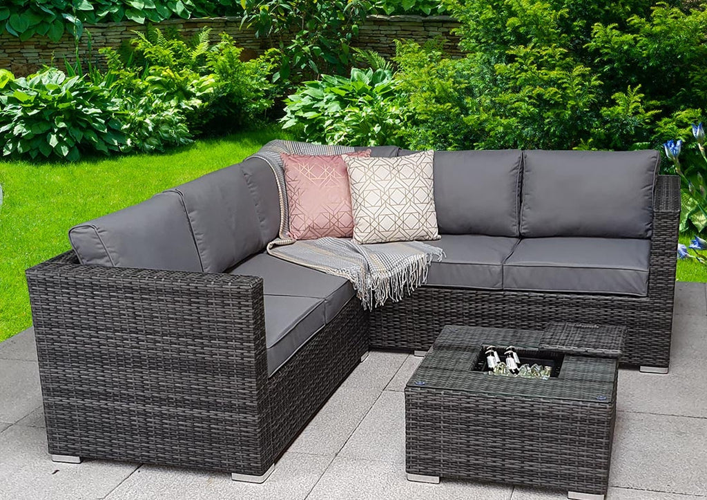 Rattan Corner Sofa Set with Ice Bucket  - Charcoal Grey - Grassholme Premium Range