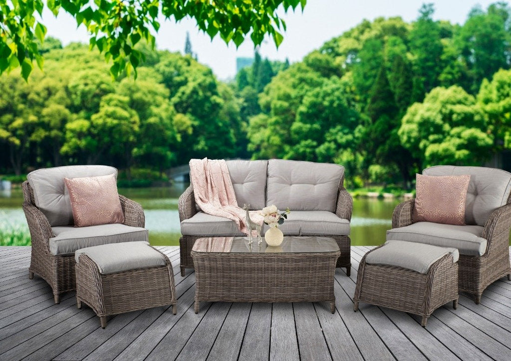 Rattan 4 Seat Sofa Set With Footstools in Fine Grey Wicker with Pale Grey Cushions