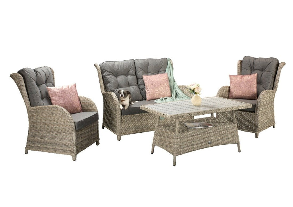 4 Seat Rattan Sofa Set with Supper Table in Creamy Grey wicker with Pale Grey cushions