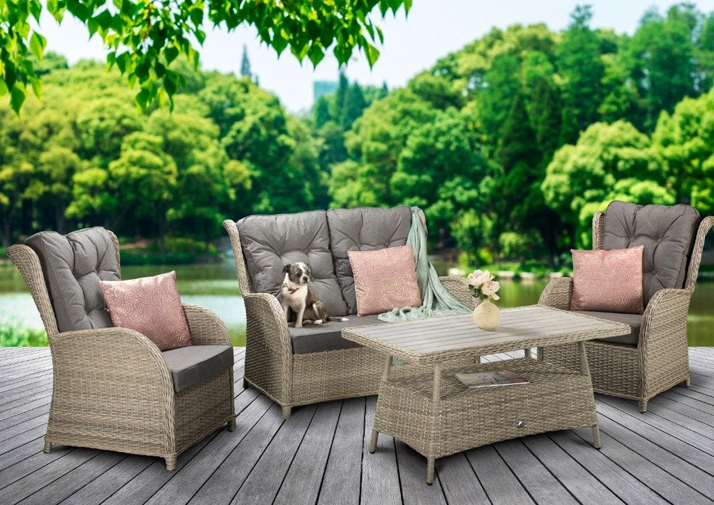4 Seat Rattan Sofa Set with Supper Table in Creamy Grey wicker with Pale Grey cushions