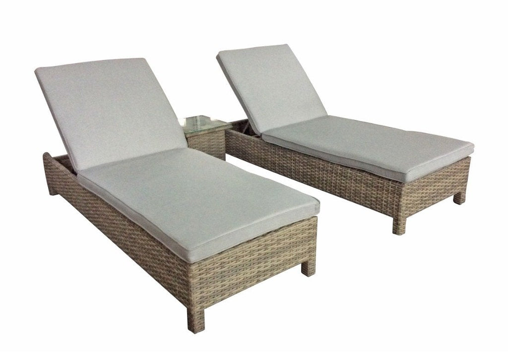 Pair of Sun Loungers with Table in Natural with Beige Cushions